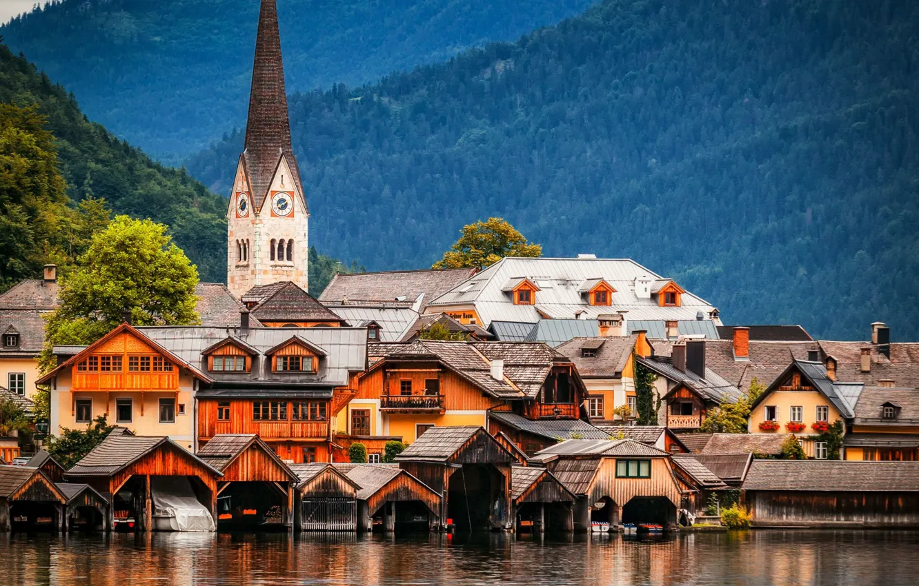 Фото обои горы, озеро, здания, дома, Австрия, церковь, Austria, Hallstatt