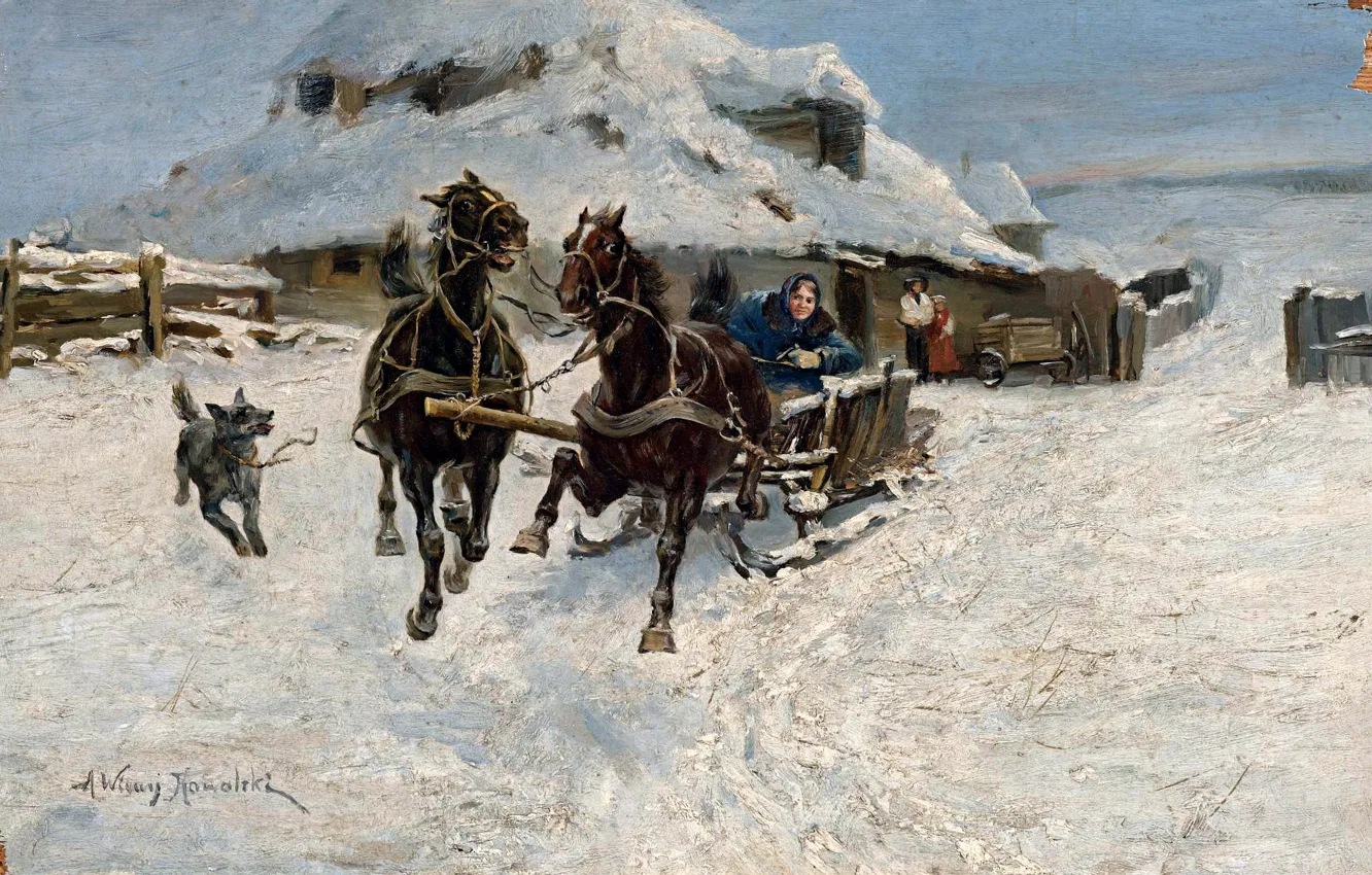 Фото обои зима, настроение, праздник, картина, "Тройка" мчится, Альфред фон Веруш-Ковальски