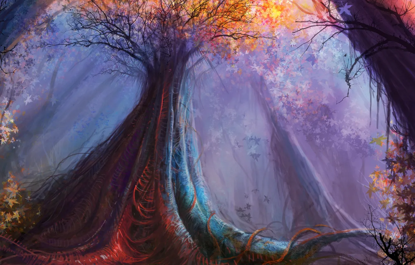Фото обои лес, цвета, деревья, арт, by cloudminedesign, giant strongwood