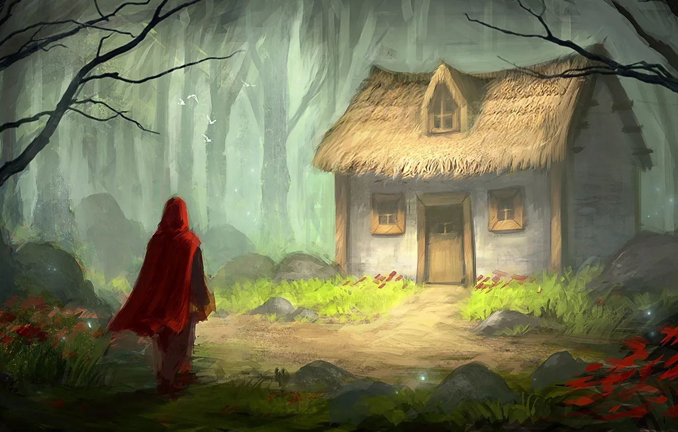 Фото обои лес, птицы, дом, сказка, красная шапочка, арт, плащ