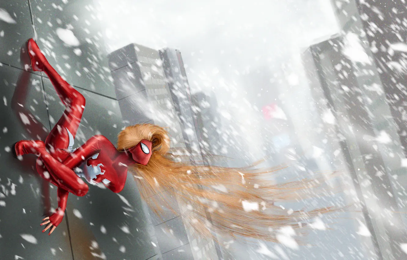 Фото обои фантастика, волосы, здания, арт, spider girl, красный костюм, взгляд в сторону