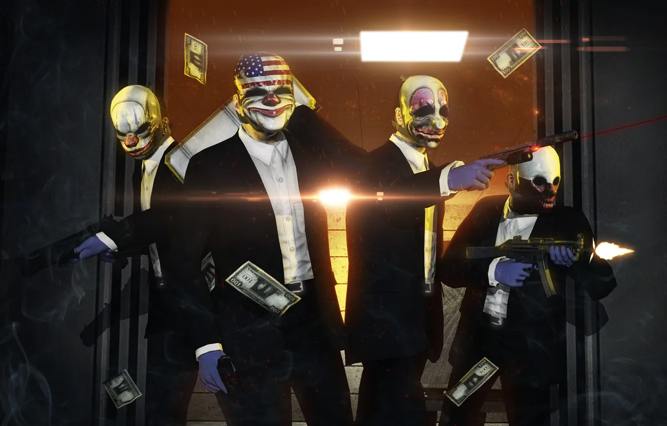 Фото обои бандиты, доллары, маски, грабители, кастюмы, Pay Day 2