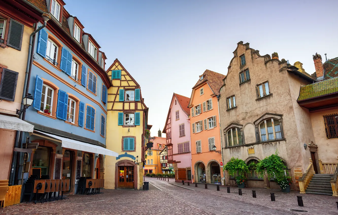 Фото обои улица, Франция, дома, мостовая, Colmar
