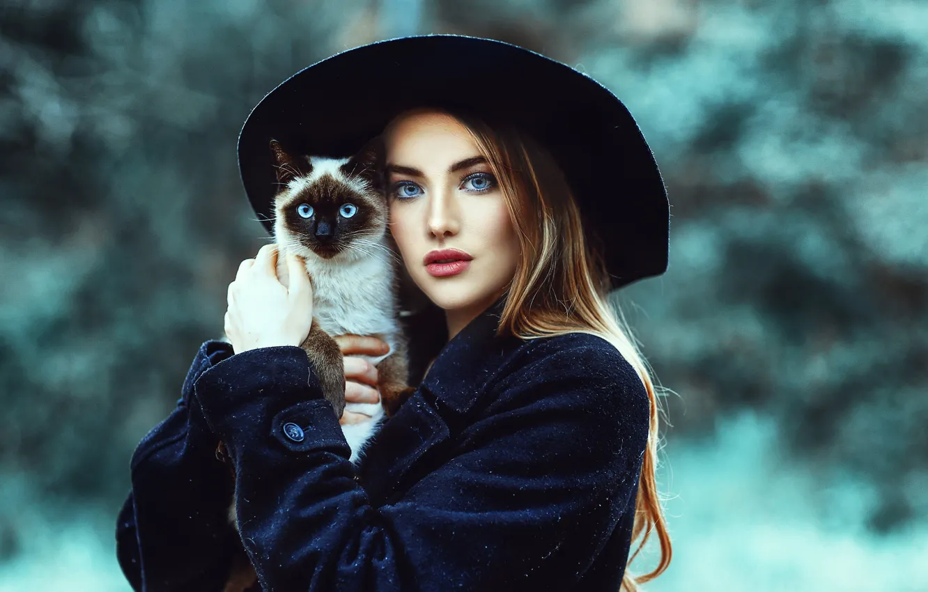Фото обои кошка, кот, девушка, животное, шляпа, макияж, рыжая, jessica napolitano