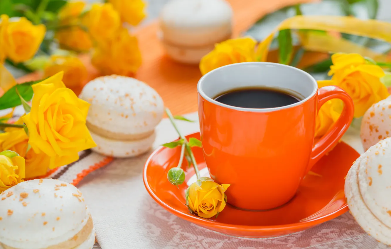 Фото обои кофе, печенье, чашка, macaron, розы желтые