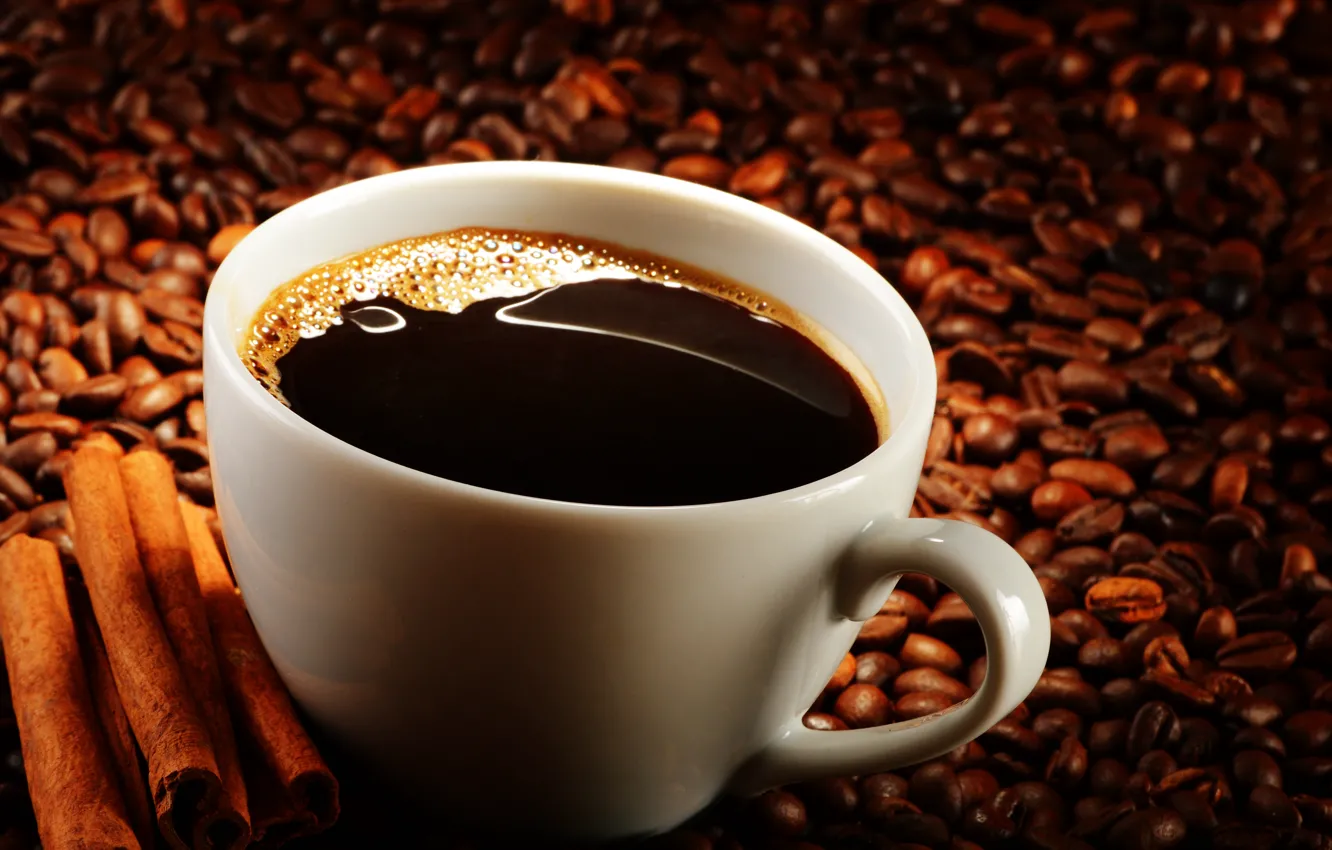 Фото обои кофе, чашка, корица, кофейные зерна, coffee, Cup, cinnamon, coffee beans
