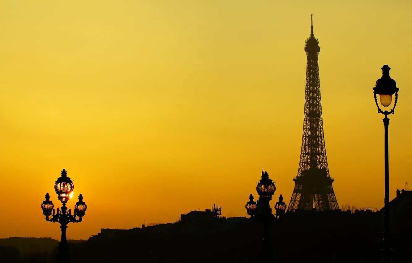 Фото обои Франция, Париж, башня, силуэт, фонари