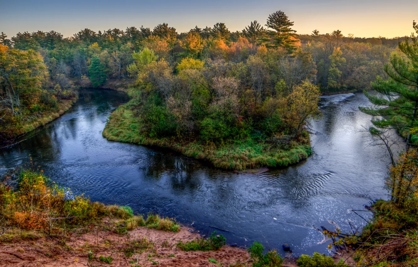 Фото обои осень, лес, деревья, течение, вечер, hdr, США, речка