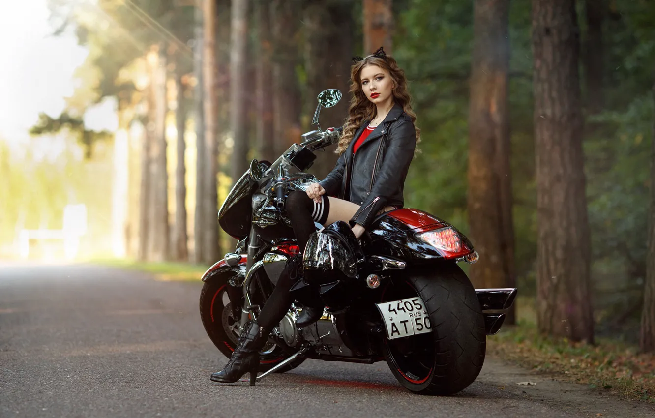 Фото обои дорога, деревья, Девушка, мотоцикл, Алина Паневская, Александр Чуприна