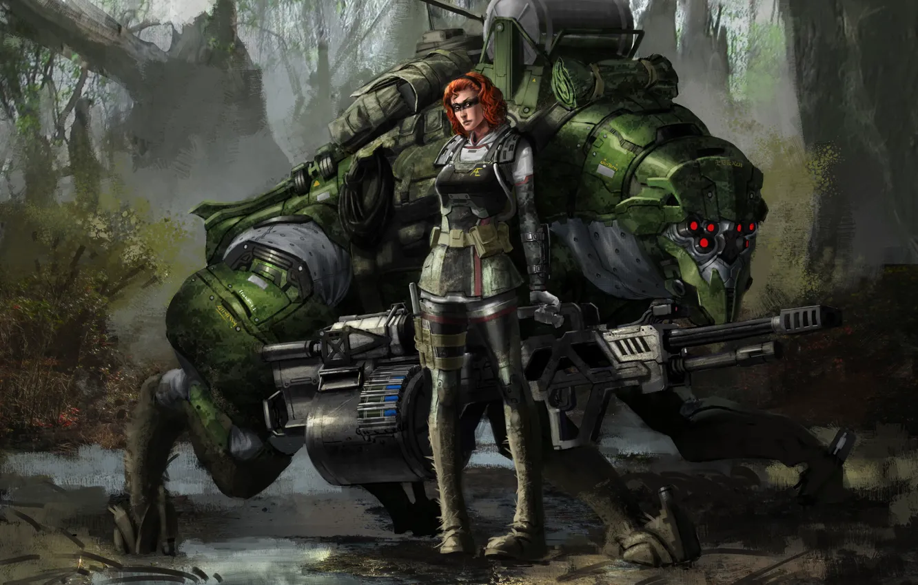 Фото обои лес, девушка, оружие, робот, арт, раскраска, Robert Chew