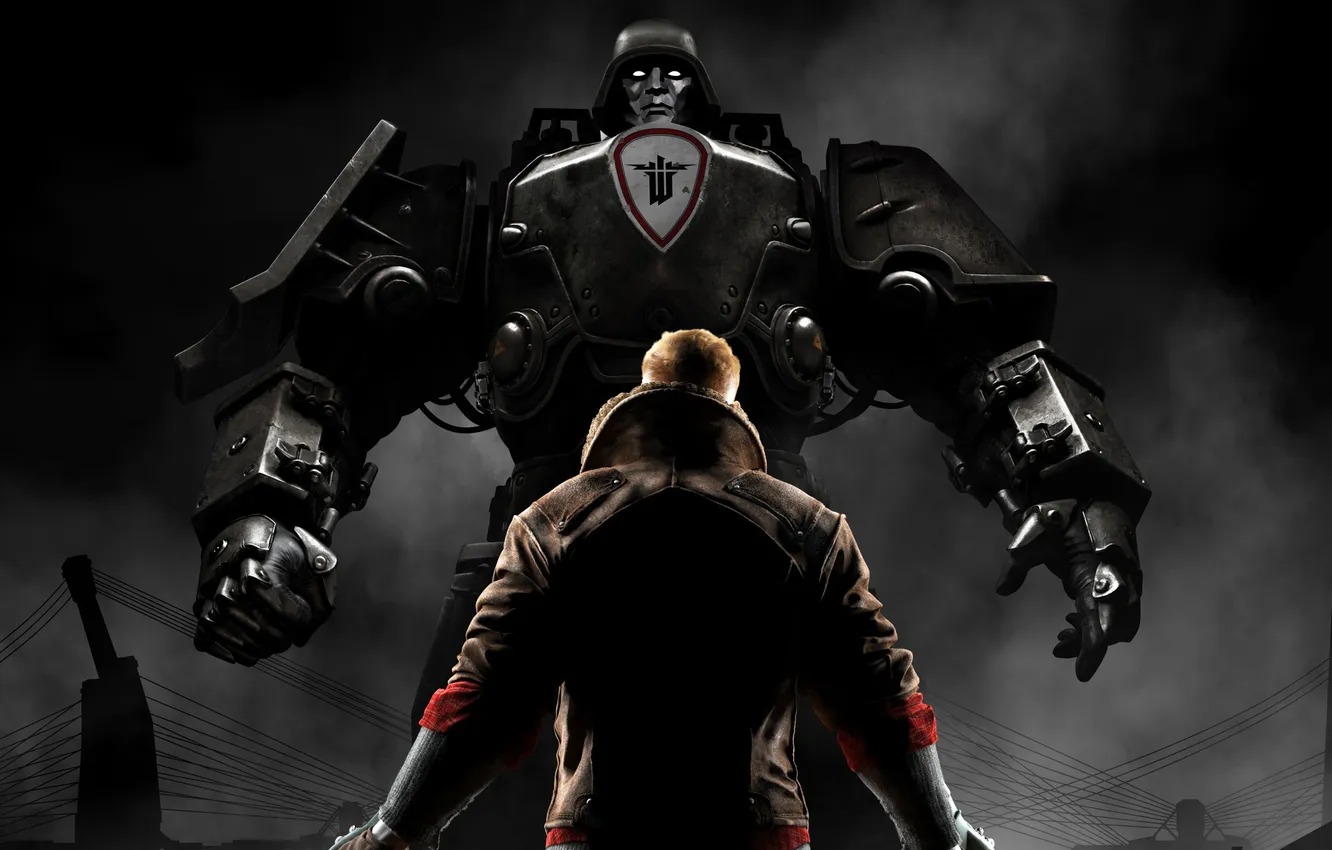 Фото обои металл, дым, робот, куртка, мужчина, протагонист, MachineGames, Вольфенштейн: Новый порядок