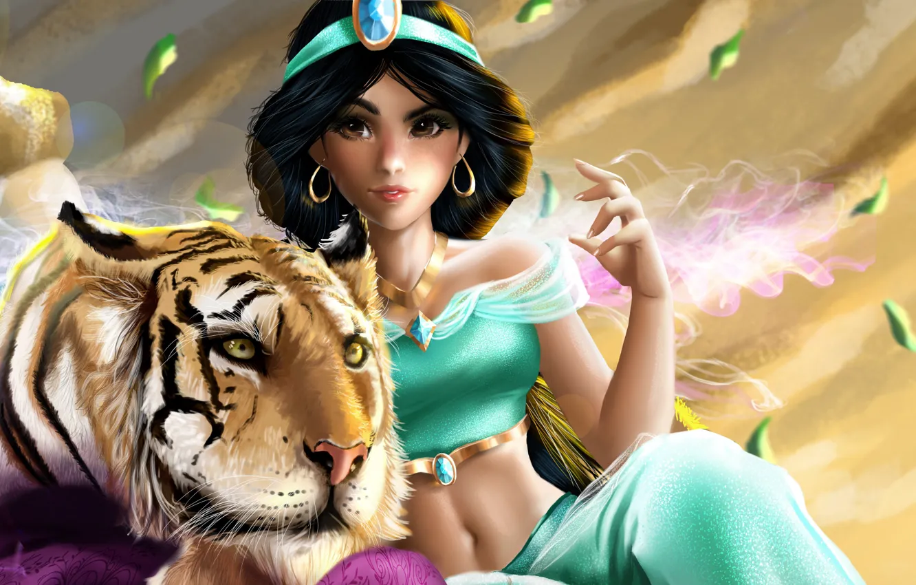 Фото обои девушка, тигр, Aladdin, by IndyMBras, Jasmine and Rajah