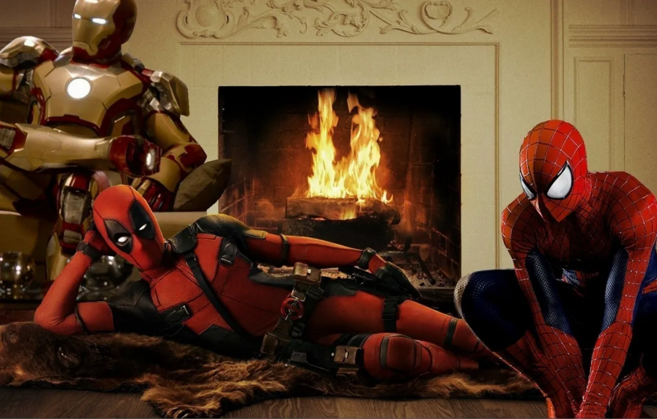 Фото обои deadpool, spider man, iron man