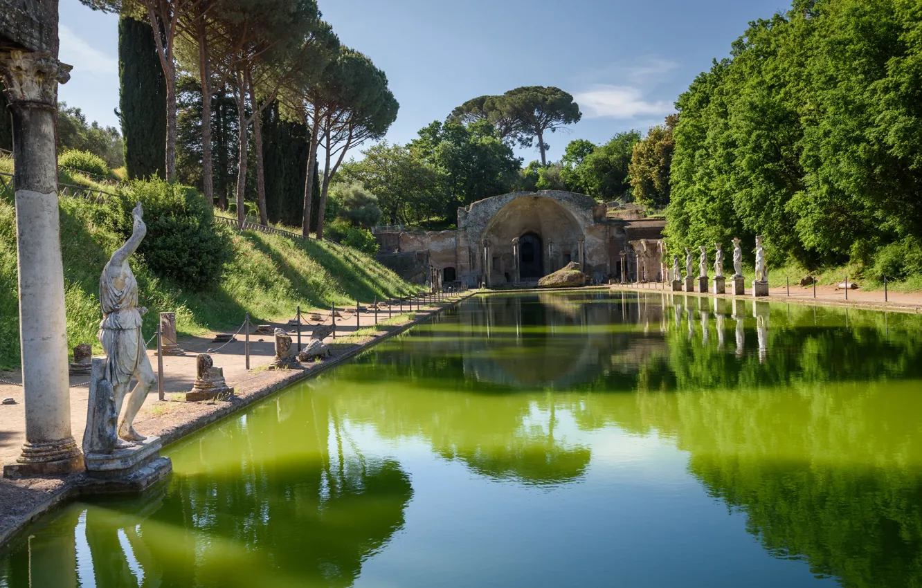 Фото обои пруд, Италия, руины, Тиволи, вилла Адриана