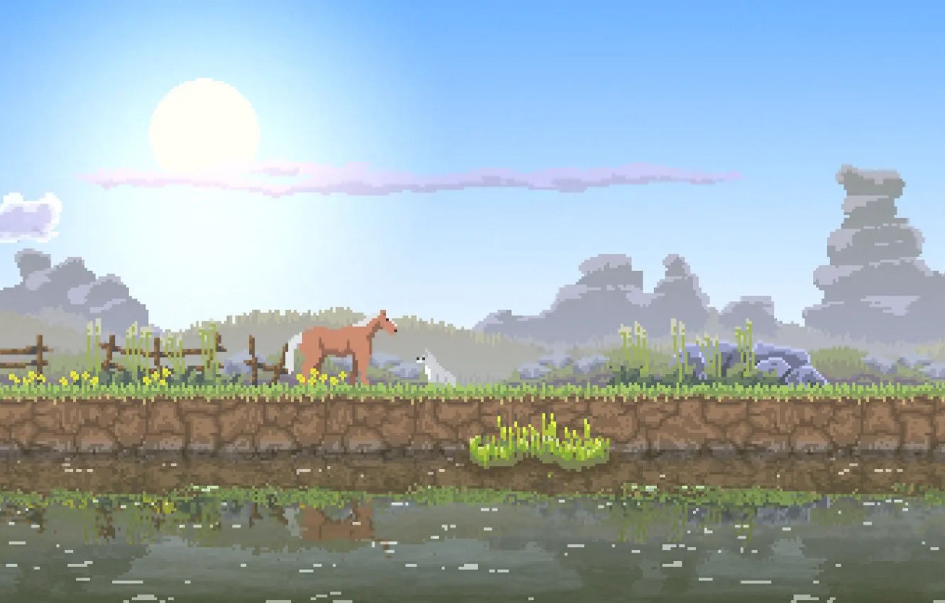 Фото обои небо, трава, солнце, природа, река, камни, лошадь, собака