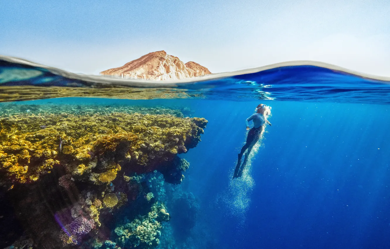 Фото обои Girl, Water, Woman, Ocean, Swimming, Coral, Swim, Neom