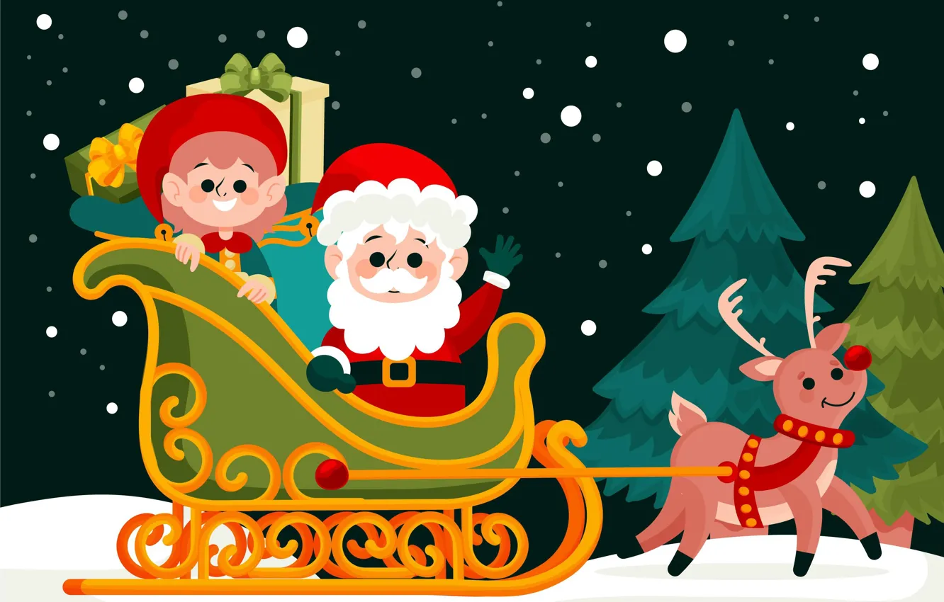 Фото обои Зима, Ночь, Снег, Рождество, Новый год, Эльф, Санта Клаус, Олени