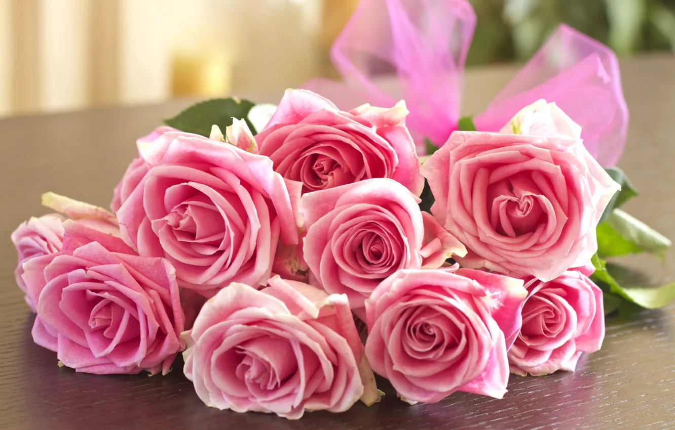 Фото обои розы, букет, розовые, бант, бутоны