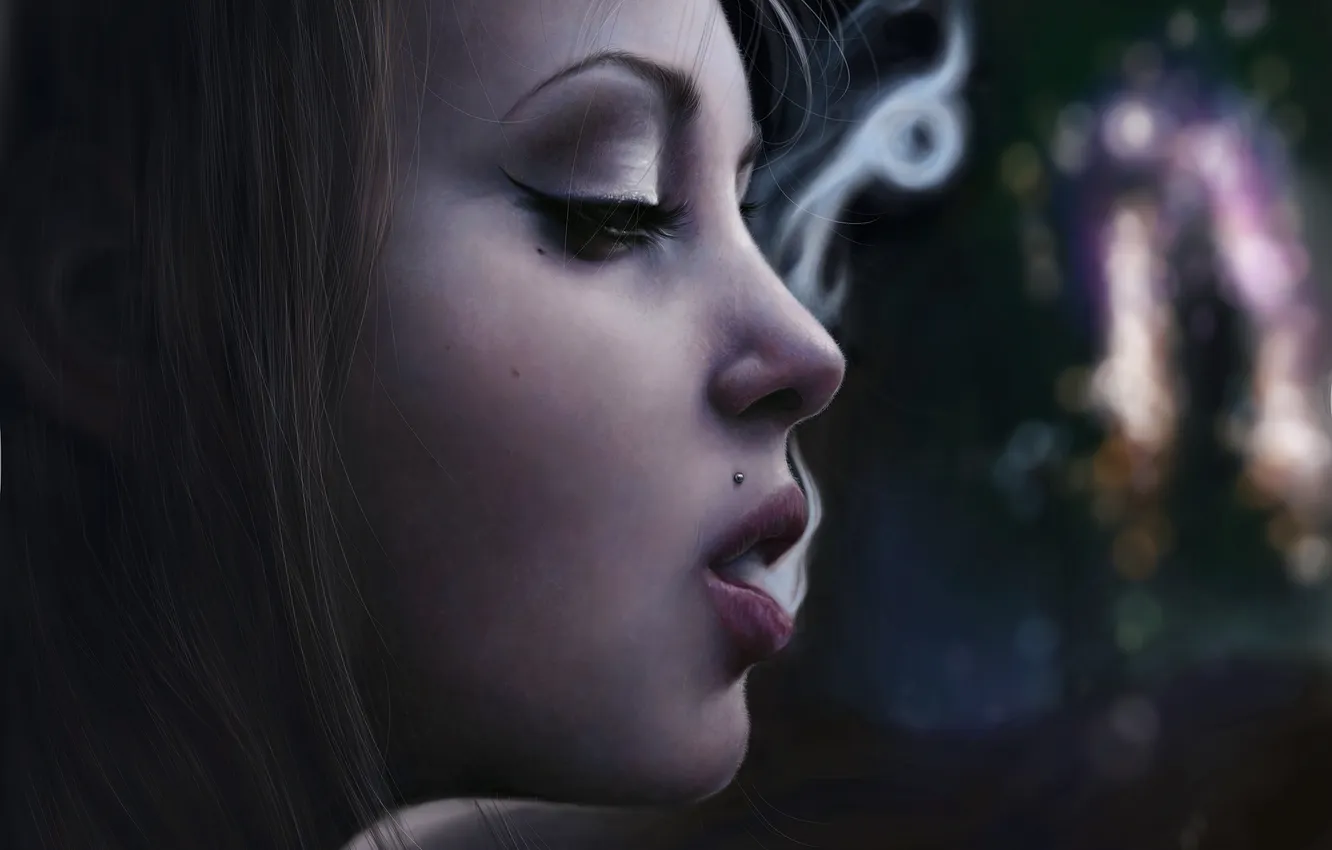 Фото обои девушка, лицо, дым, арт, губы, курит