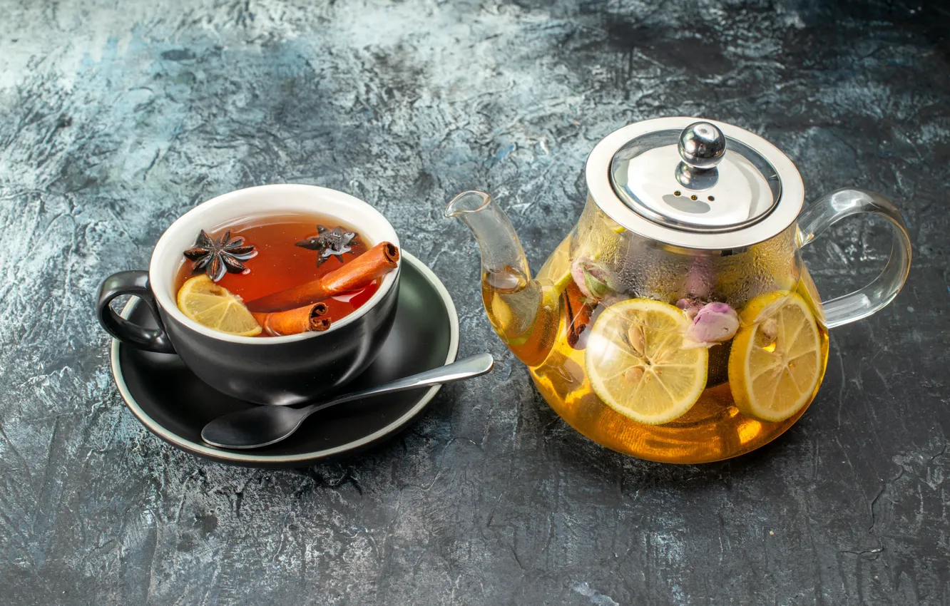 Фото обои стекло, стол, чай, чайник, ложка, чаепитие, чашка, посуда