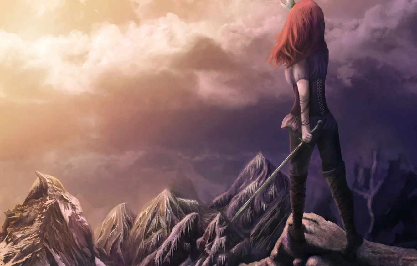 Фото обои девушка, облака, закат, горы, фантастика, магия, меч, фэнтези
