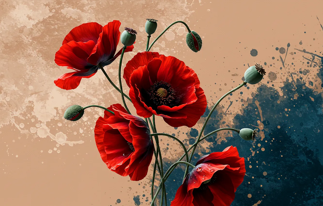 Фото обои цветы, брызги, фон, обои, краски, маки, арт, wallpaper