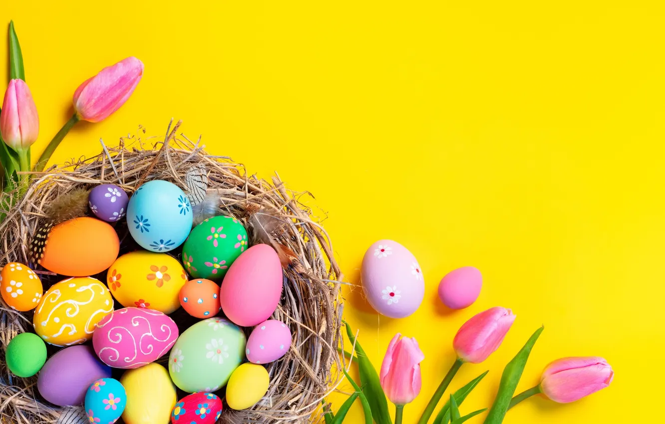 Фото обои цветы, яйца, весна, colorful, Пасха, happy, flowers, tulips