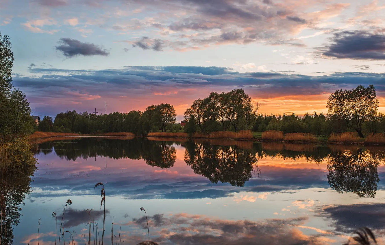 Фото обои лето, небо, вода, деревья, закат, природа, отражение, река