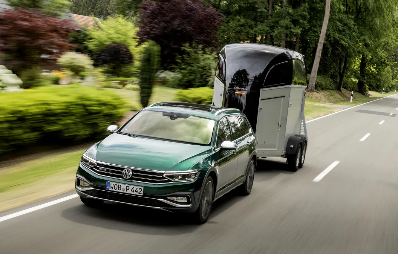 Фото обои Volkswagen, прицеп, универсал, Passat, тёмно-зелёный, Alltrack, 2019