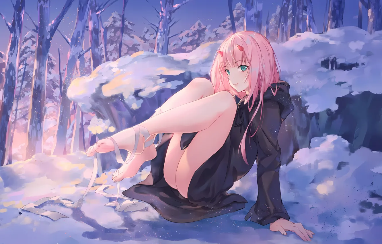 Фото обои girl, sexy, ass, pink hair, horns, long hair, legs, trees