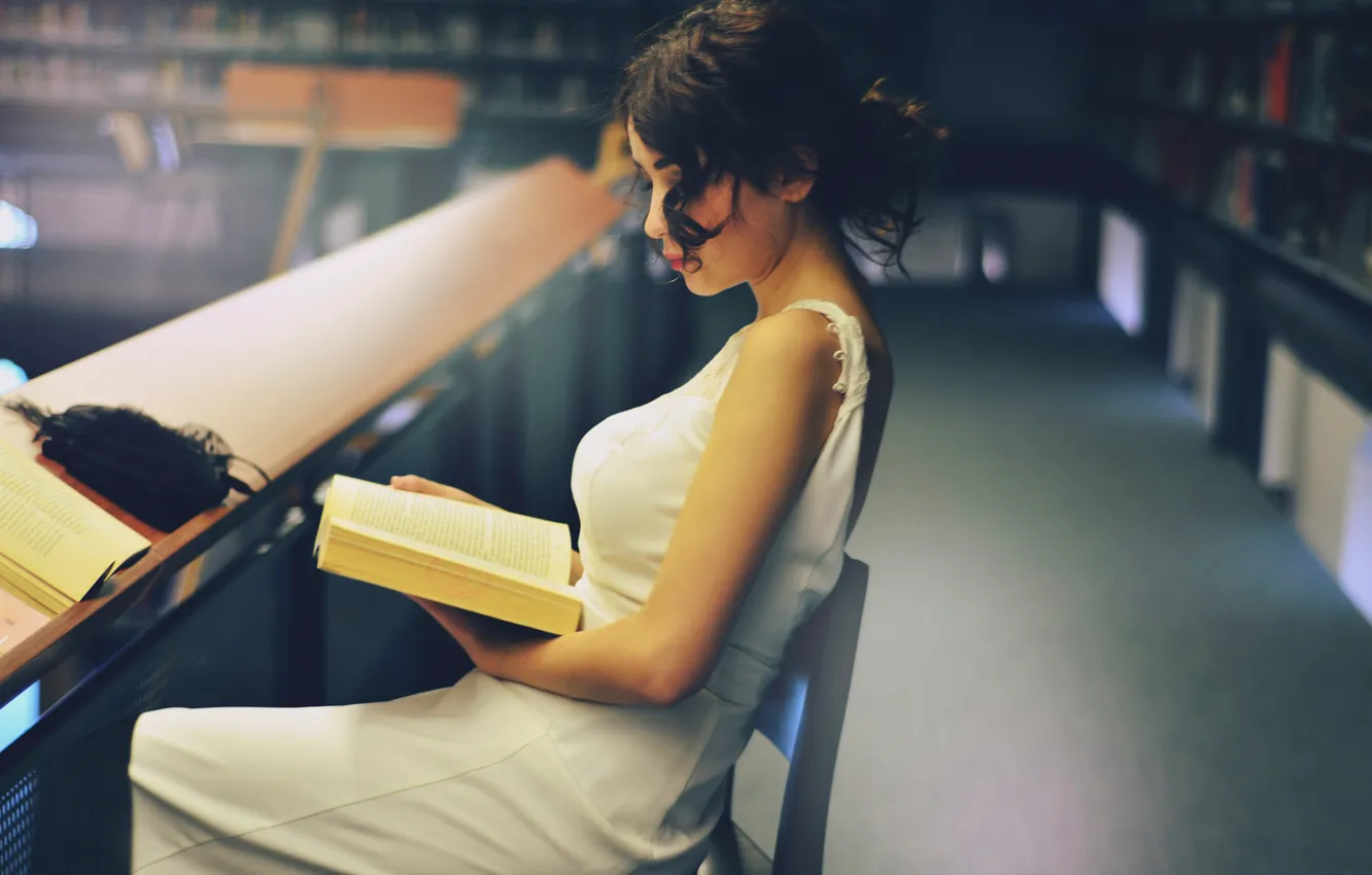 Фото обои девушка, книга, чтение, изба читальня, Ece Deniz