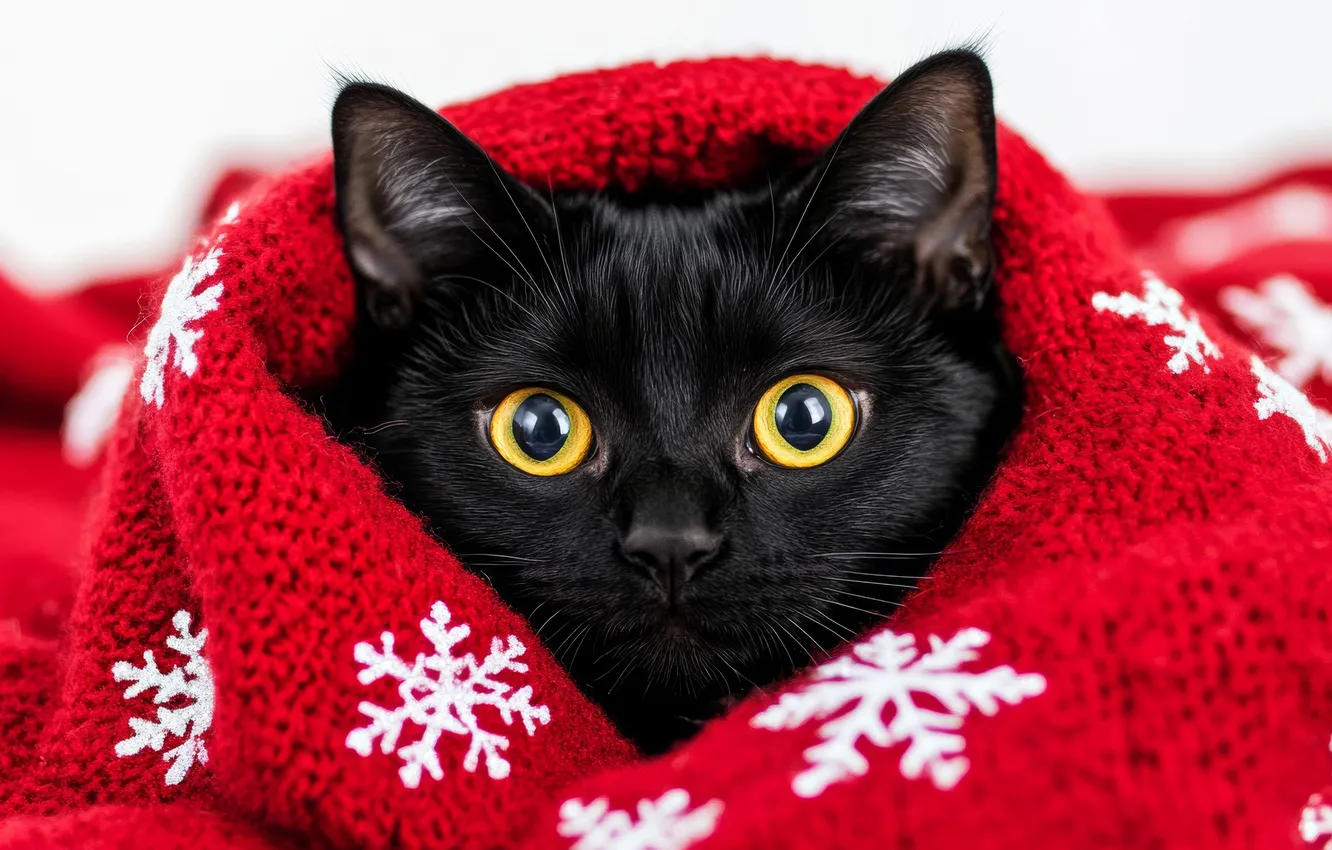 Фото обои кошка, кот, взгляд, снежинки, красный, котенок, черный, портрет