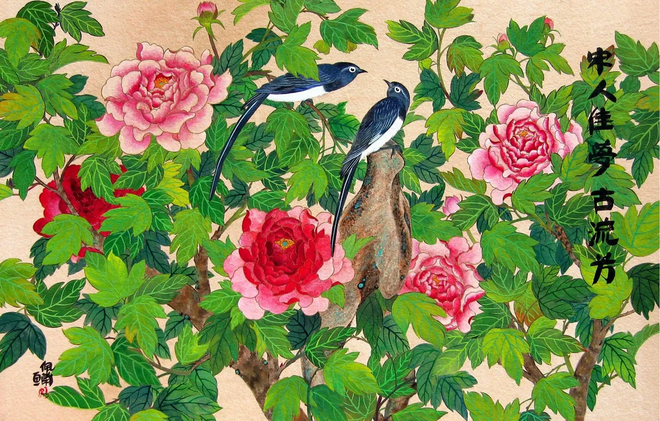 Фото обои цветы, птица, рисунок, арт, Китай