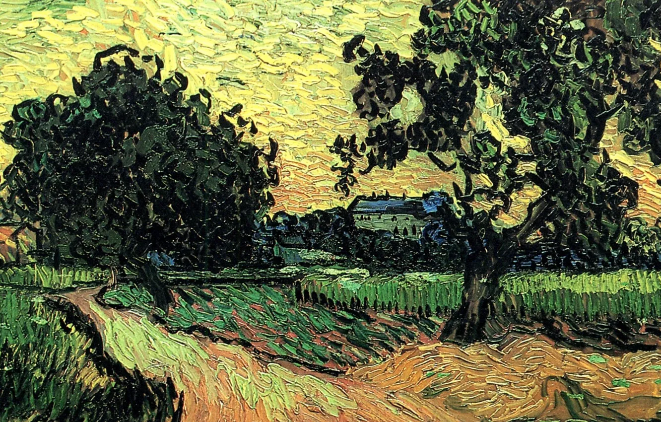 Фото обои Vincent van Gogh, at Sunset, the Chateau of Auvers, Landscape with