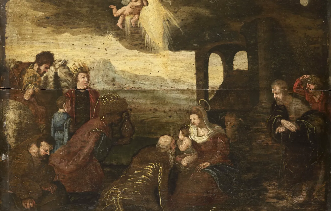 Фото обои масло, картина, мифология, Поклонение Волхвов, неизвестный художник, 1599