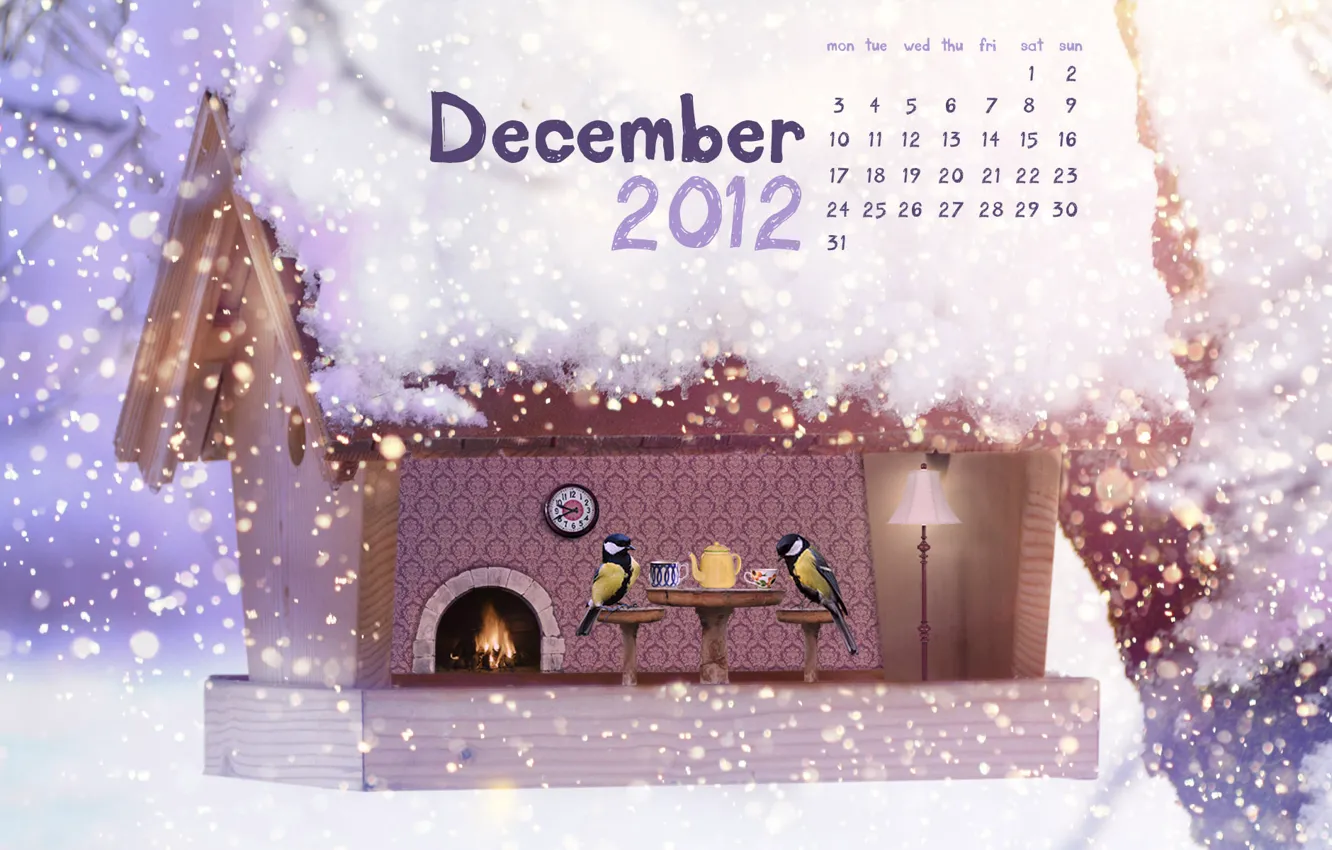Фото обои снег, птицы, чай, новый год, рождество, скворечник, new year, календарь