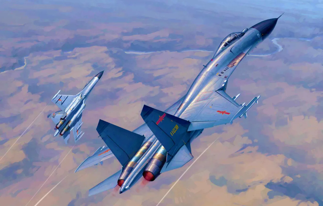 Фото обои war, art, airplane, painting, aviation, jet, PLAF J-11B