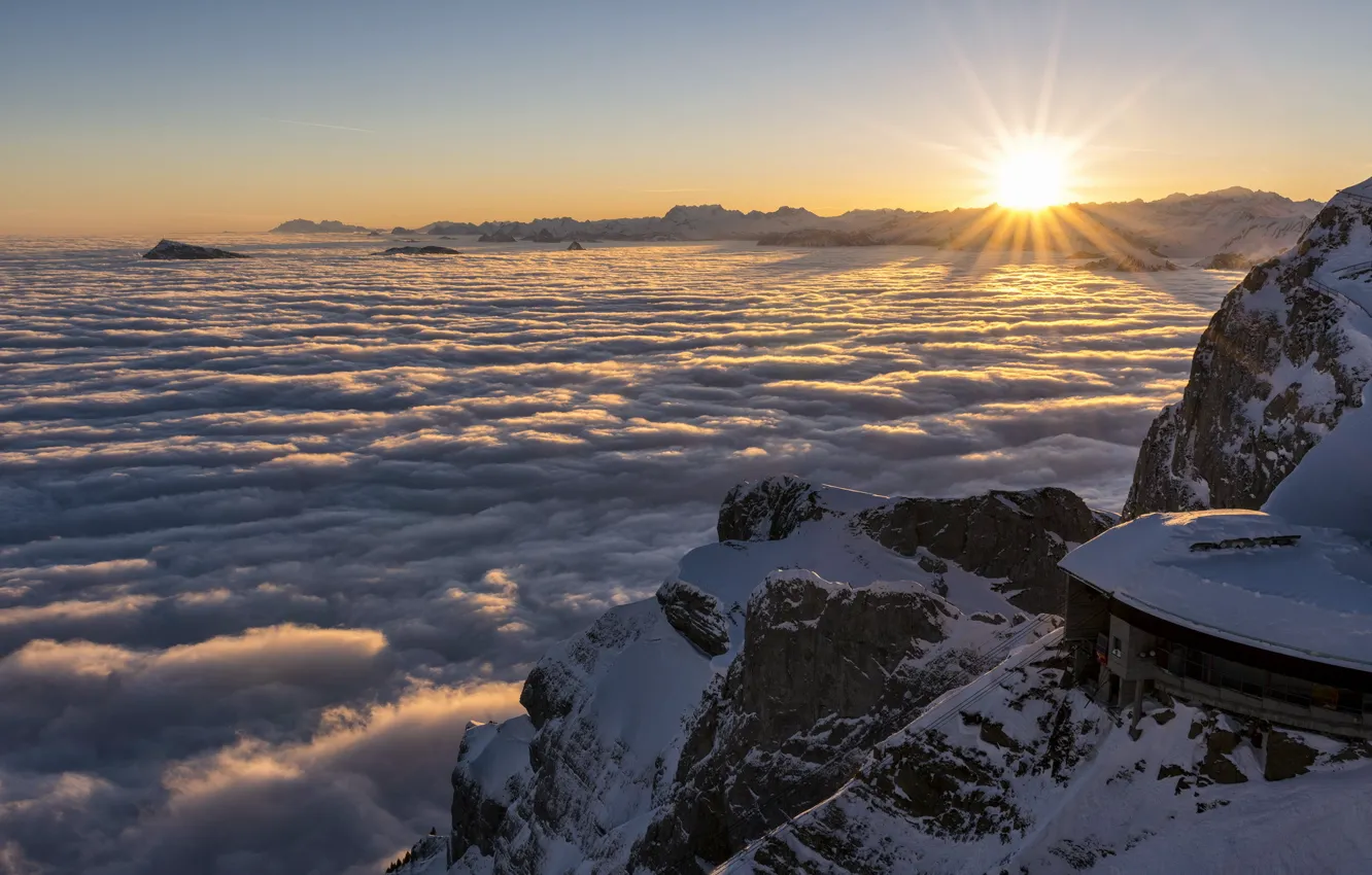 Фото обои горы, Switzerland, облока, First Light, Canton of Nidwalden