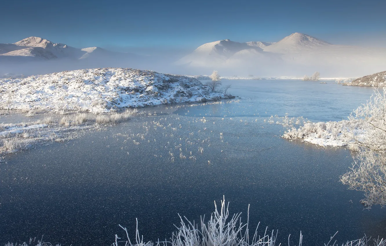 Фото обои лед, зима, иней, небо, свет, снег, пейзаж, горы