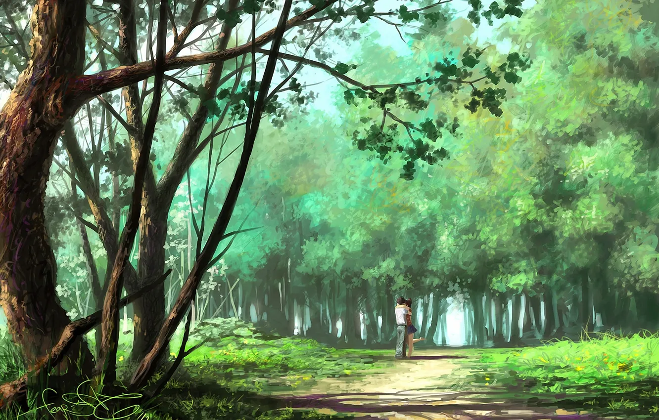 Фото обои девушка, деревья, парк, арт, дорожка, парень, объятие