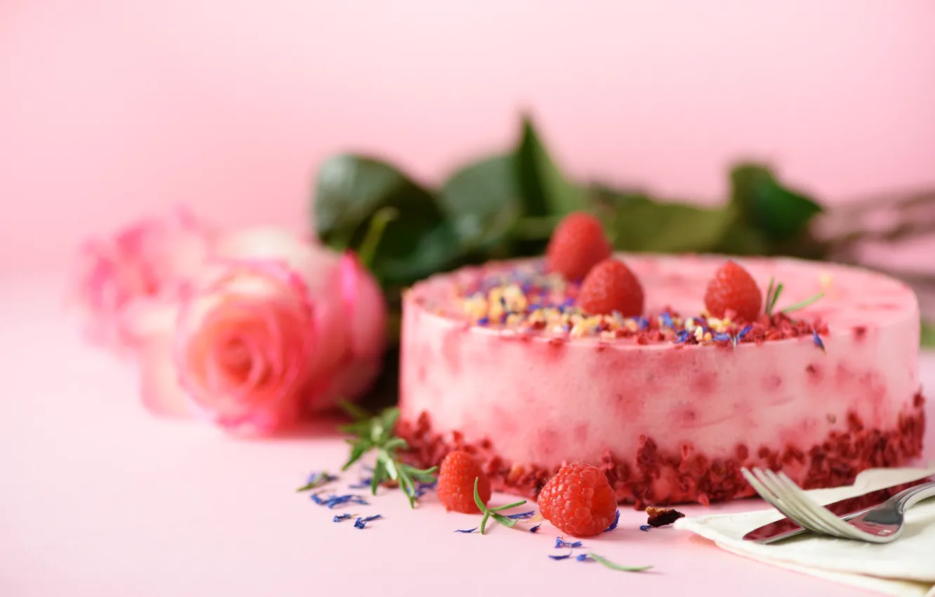 Фото обои цветы, розы, торт, десерт