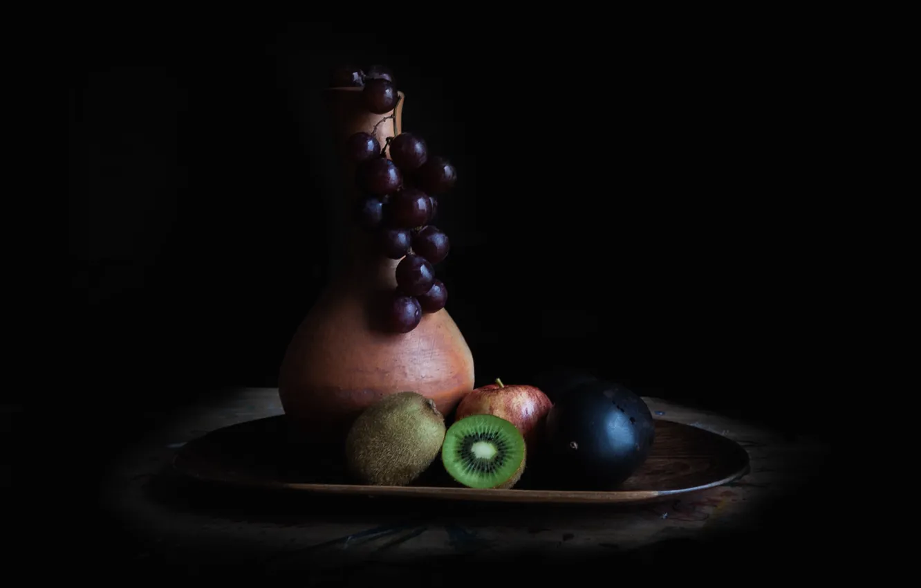 Фото обои яблоко, киви, виноград, фрукты, натюрморт, блюдо, слива, керамика