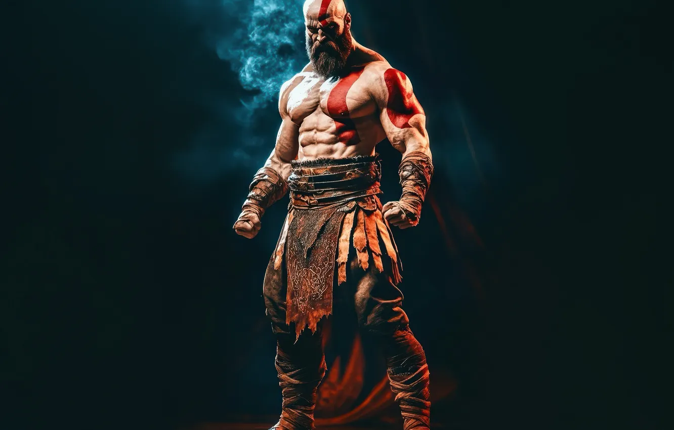 Фото обои god of war, weapon, kratos, sony, snow, blow, boy, blade