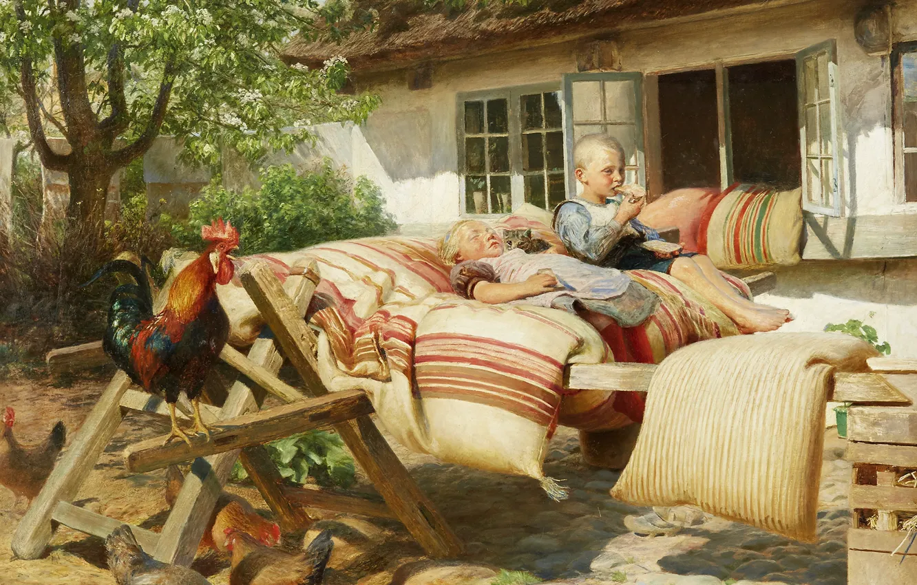 Фото обои датский живописец, 1902, Danish painter, Solen skinner i naboens gaard, Ханс Оле Брасен, Солнце светит …