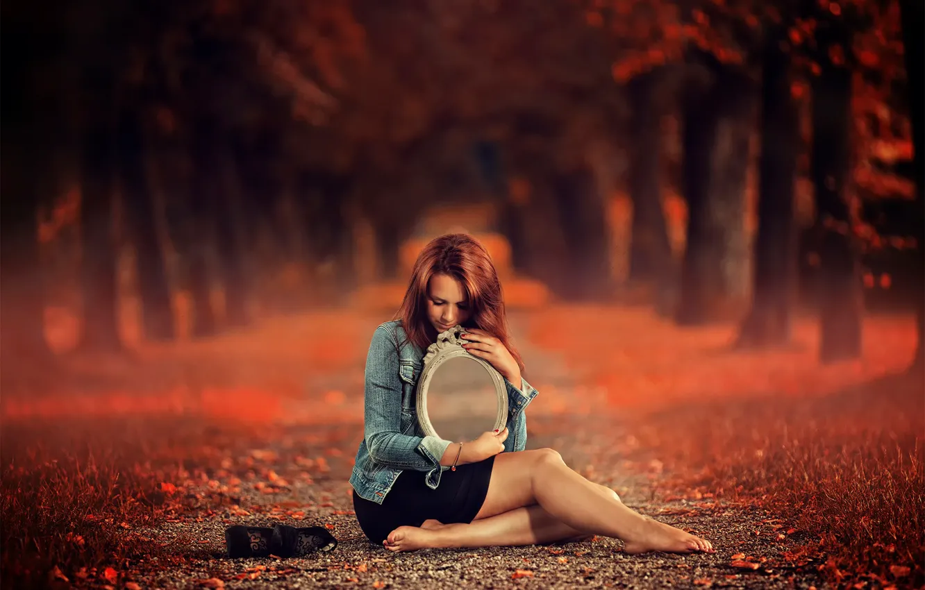 Фото обои осень, девушка, фантазия, тропа, зеркало, арт, аллея