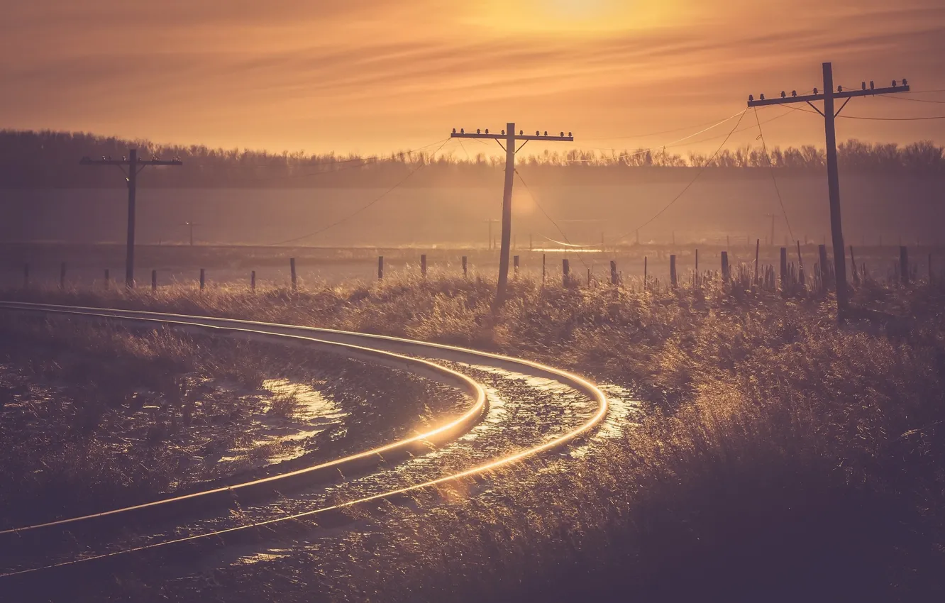 Фото обои природа, туман, утро, железная дорога