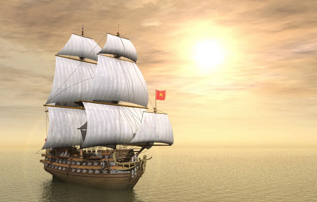 Фото обои небо, солнце, океан, корабль, парусник, пушки, паруса, мачты