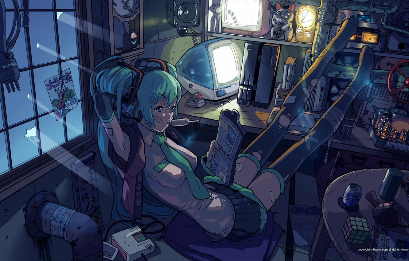 Фото обои часы, телевизор, vocaloid, Hatsune Miku, вокалоид, беспорядок, кубик Рубика, в комнате