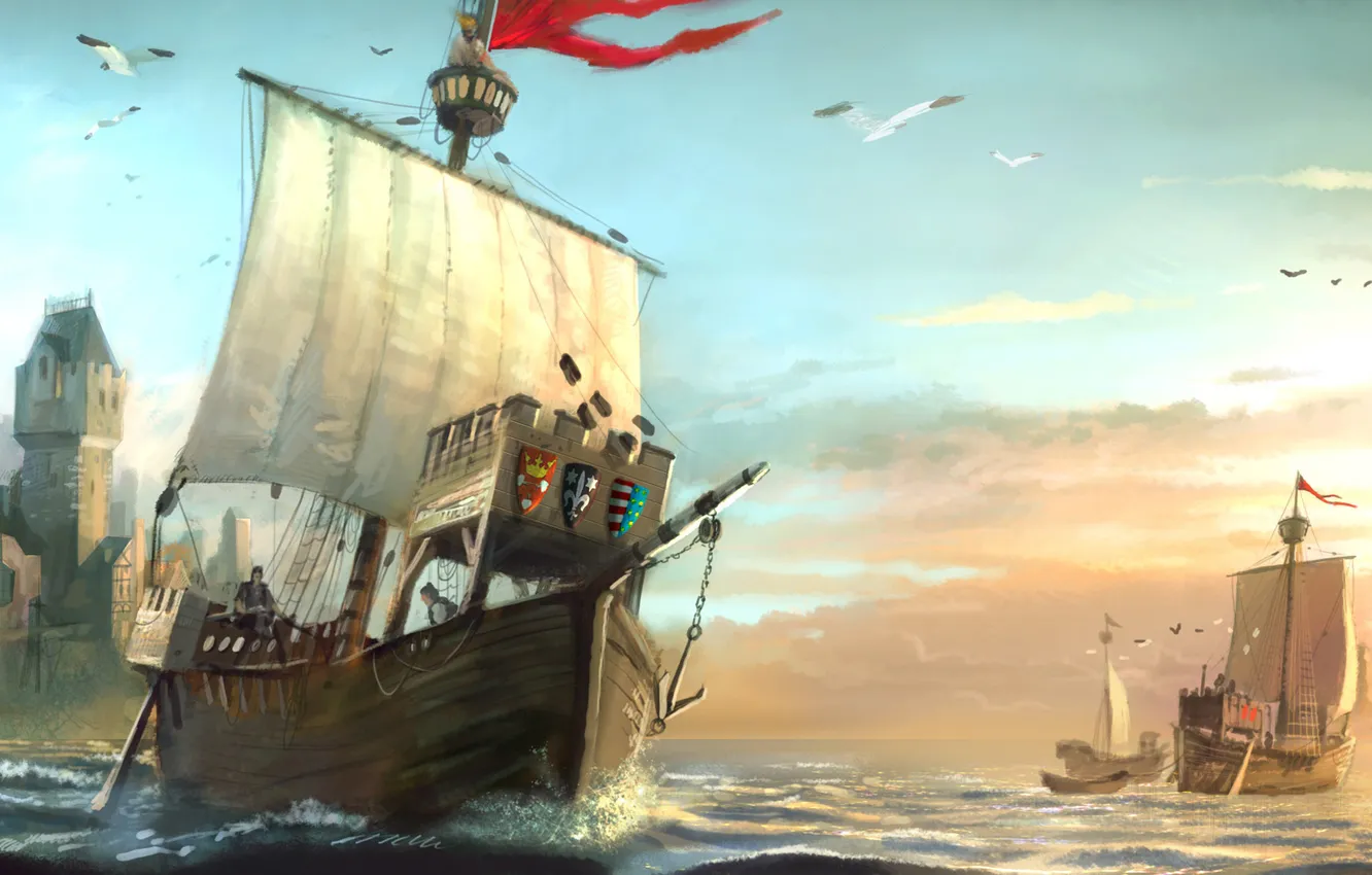 Фото обои море, чайки, арт, порт, герб, Anno 1404, бриг, купцы