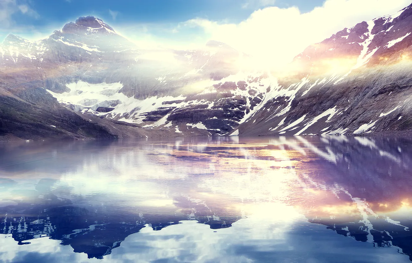 Фото обои облака, снег, горы, озеро